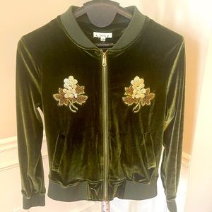 TENNIS GreenVelour Jacket, Gold details Small, Embroidered Embellished Zip